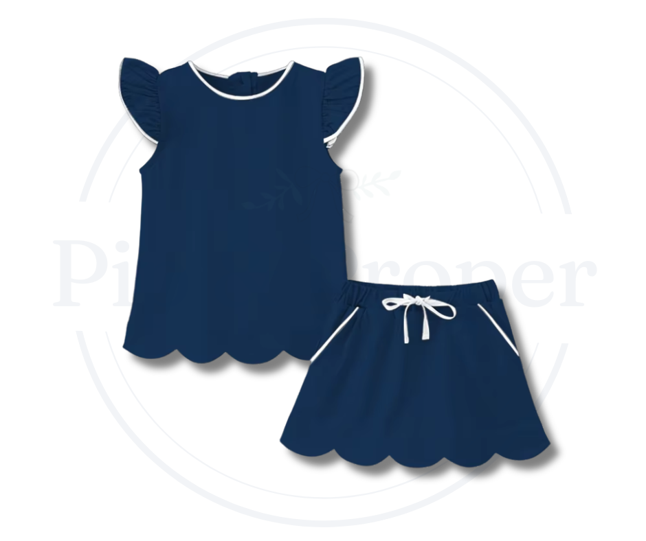 Flutter Sleeve Scallop Skirt Set - Navy