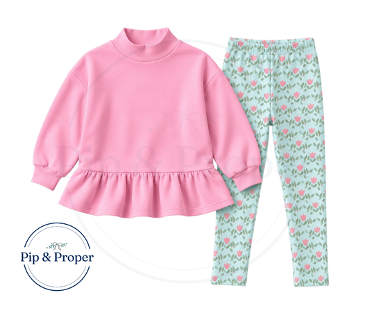 Peplum Sweatshirt Legging Set - Pink