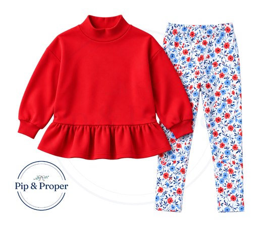 Peplum Sweatshirt Legging Set - Red