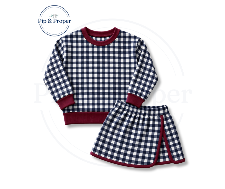 Gingham Skort Set - Navy & Maroon